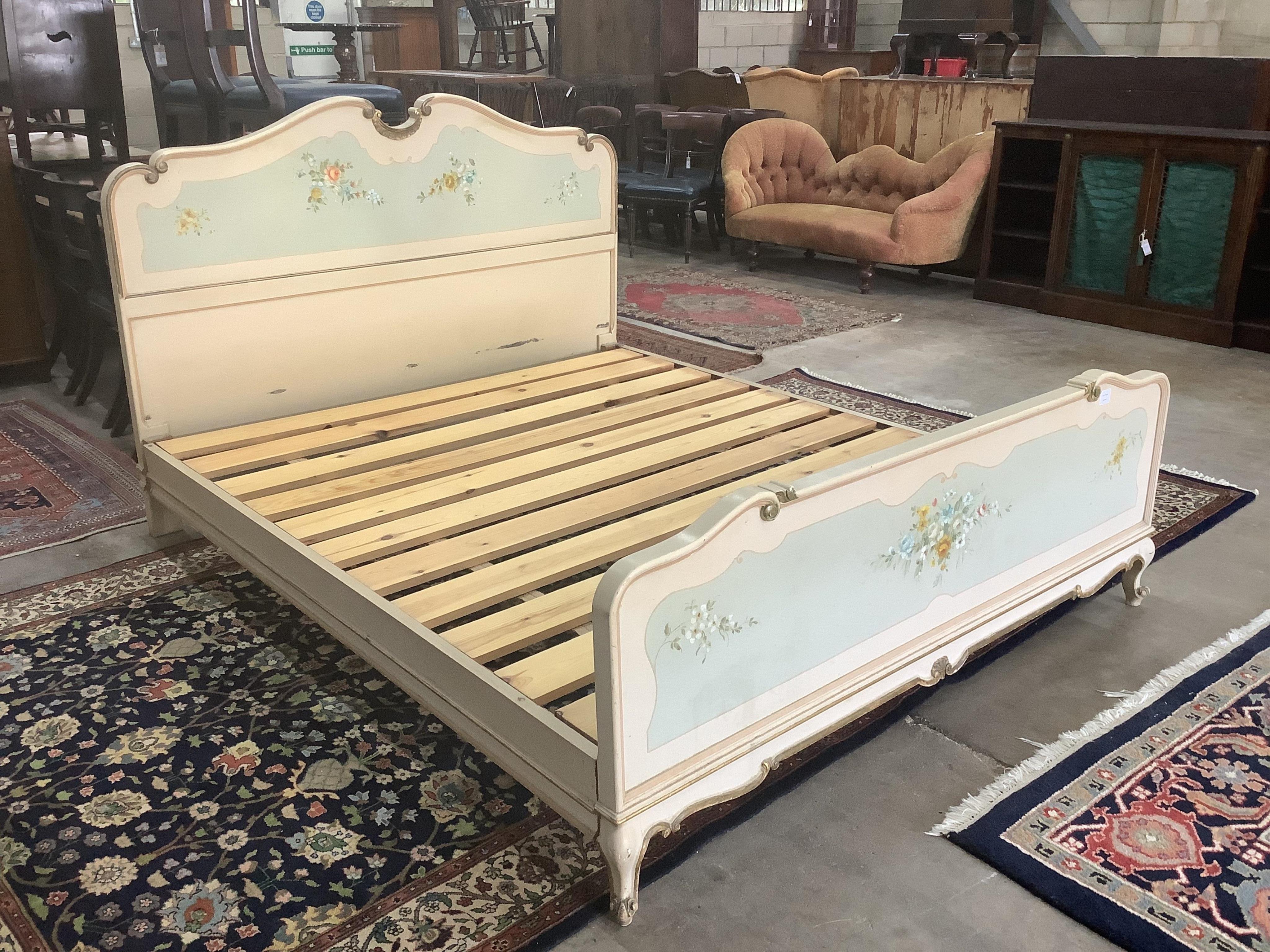 A Louis XVI style painted bed frame, width 171cm, length 201cm, height 120cm. Condition - fair